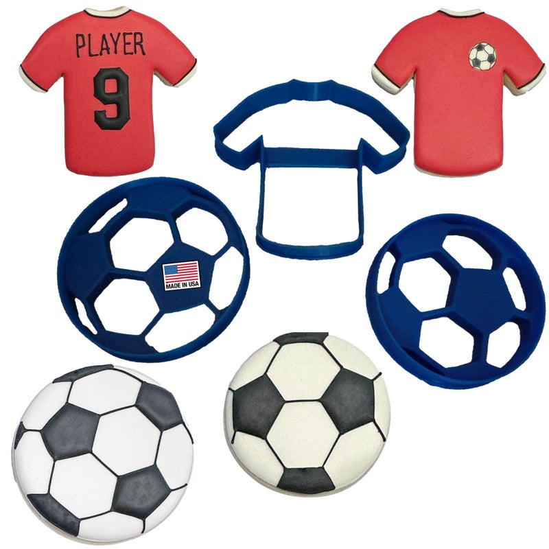 Heart's Treasure SOCCER BALL COOKIE CUTTERS WITH JERSEY American Soccer Football Sport Small Large Balls With Jersey Uniform T-Shirt Made In USA Cookie Cutters For Birthday Graduation (3 Pack) - Image 1